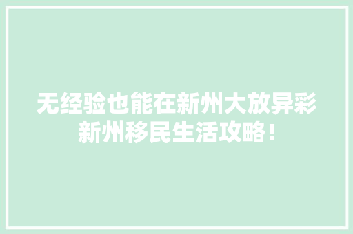 无经验也能在新州大放异彩新州移民生活攻略！
