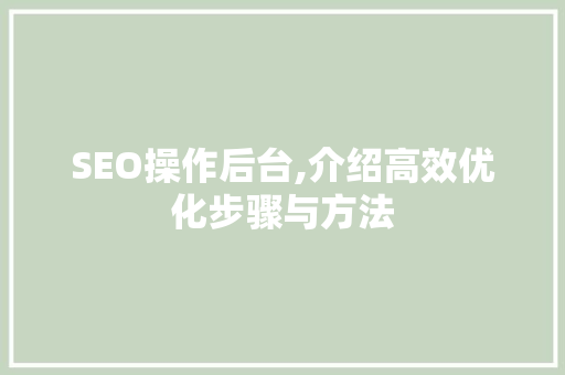 SEO操作后台,介绍高效优化步骤与方法