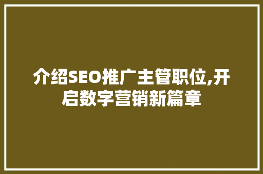 介绍SEO推广主管职位,开启数字营销新篇章 百度SEO 介绍SEO推广主管职位,开启数字营销新篇章 百度SEO
