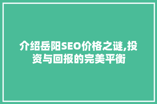 介绍岳阳SEO价格之谜,投资与回报的完美平衡