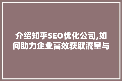 介绍知乎SEO优化公司,如何助力企业高效获取流量与曝光 SEO关键词