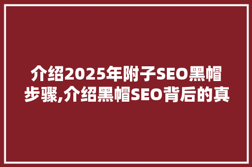 介绍2025年附子SEO黑帽步骤,介绍黑帽SEO背后的真相与风险