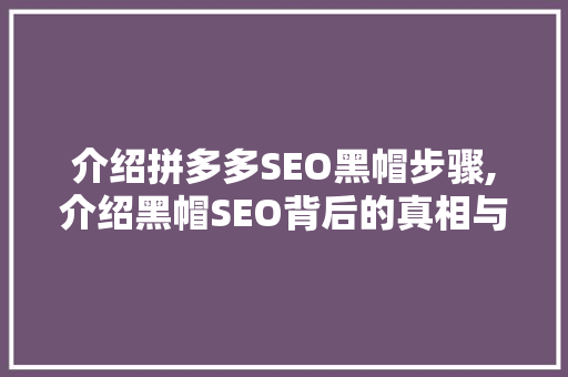 介绍拼多多SEO黑帽步骤,介绍黑帽SEO背后的真相与危害
