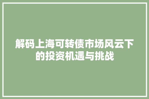 解码上海可转债市场风云下的投资机遇与挑战