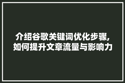 介绍谷歌关键词优化步骤,如何提升文章流量与影响力 搜狗SEO