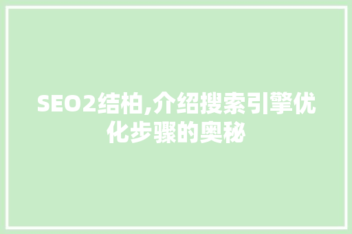 SEO2结柏,介绍搜索引擎优化步骤的奥秘 神马SEO