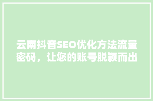云南抖音SEO优化方法流量密码，让您的账号脱颖而出 必应SEO