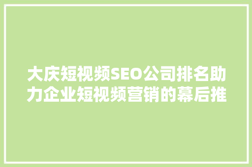 大庆短视频SEO公司排名助力企业短视频营销的幕后推手