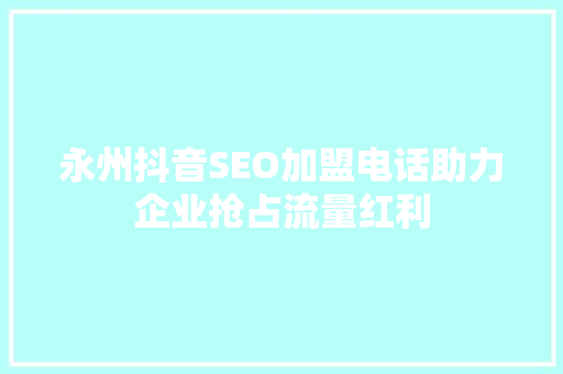 永州抖音SEO加盟电话助力企业抢占流量红利