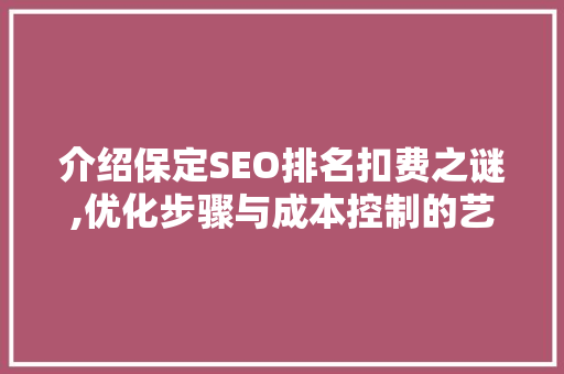 介绍保定SEO排名扣费之谜,优化步骤与成本控制的艺术
