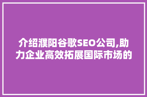 介绍濮阳谷歌SEO公司,助力企业高效拓展国际市场的关键步骤