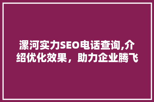 漯河实力SEO电话查询,介绍优化效果，助力企业腾飞