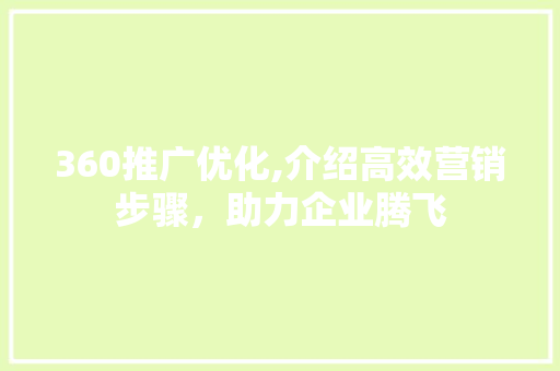 360推广优化,介绍高效营销步骤，助力企业腾飞