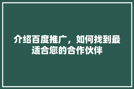 介绍百度推广，如何找到最适合您的合作伙伴