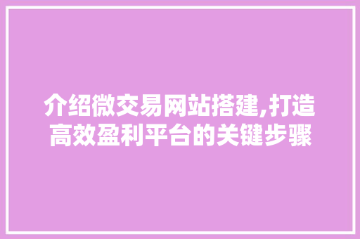 介绍微交易网站搭建,打造高效盈利平台的关键步骤 神马SEO 介绍微交易网站搭建,打造高效盈利平台的关键步骤 介绍微交易网站搭建,打造高效盈利平台的关键步骤 神马SEO