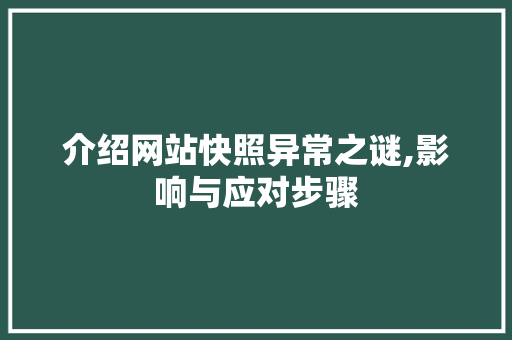 介绍网站快照异常之谜,影响与应对步骤 介绍网站快照异常之谜,影响与应对步骤 网站建设公司