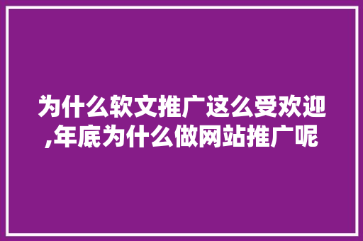 为什么软文推广这么受欢迎,年底为什么做网站推广呢。 为什么软文推广这么受欢迎,年底为什么做网站推广呢。 百度SEO