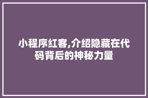 小程序红客,介绍隐藏在代码背后的神秘力量 小程序红客,介绍隐藏在代码背后的神秘力量 百度SEO