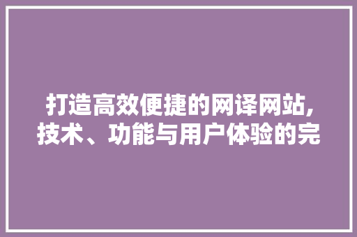 打造高效便捷的网译网站,技术、功能与用户体验的完美融合