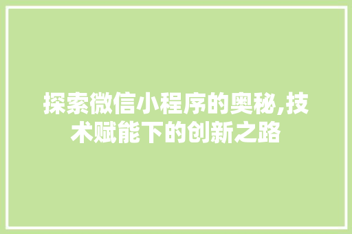 探索微信小程序的奥秘,技术赋能下的创新之路