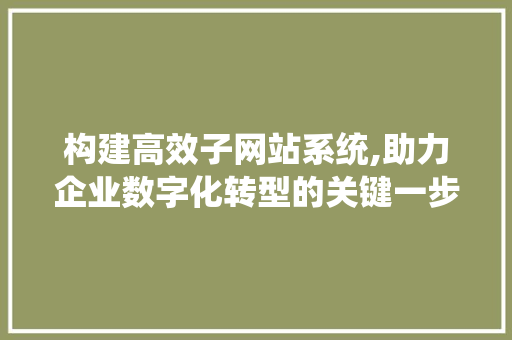 构建高效子网站系统,助力企业数字化转型的关键一步 构建高效子网站系统,助力企业数字化转型的关键一步 网站建设公司