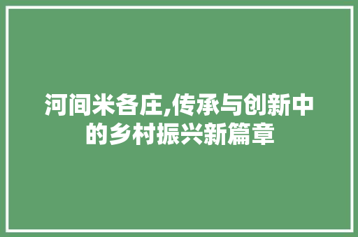 河间米各庄,传承与创新中的乡村振兴新篇章