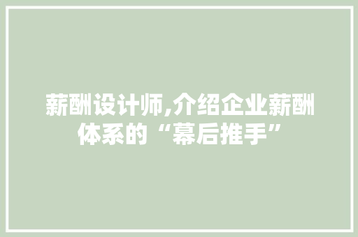 薪酬设计师,介绍企业薪酬体系的“幕后推手”