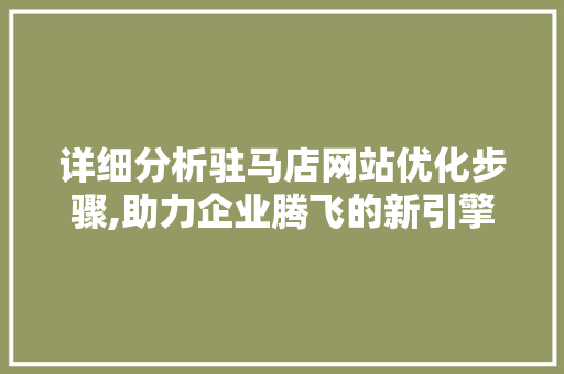 详细分析驻马店网站优化步骤,助力企业腾飞的新引擎 详细分析驻马店网站优化步骤,助力企业腾飞的新引擎 百度SEO
