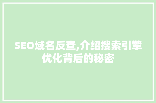 SEO域名反查,介绍搜索引擎优化背后的秘密 网站建设公司 SEO域名反查,介绍搜索引擎优化背后的秘密 SEO域名反查,介绍搜索引擎优化背后的秘密 网站建设公司